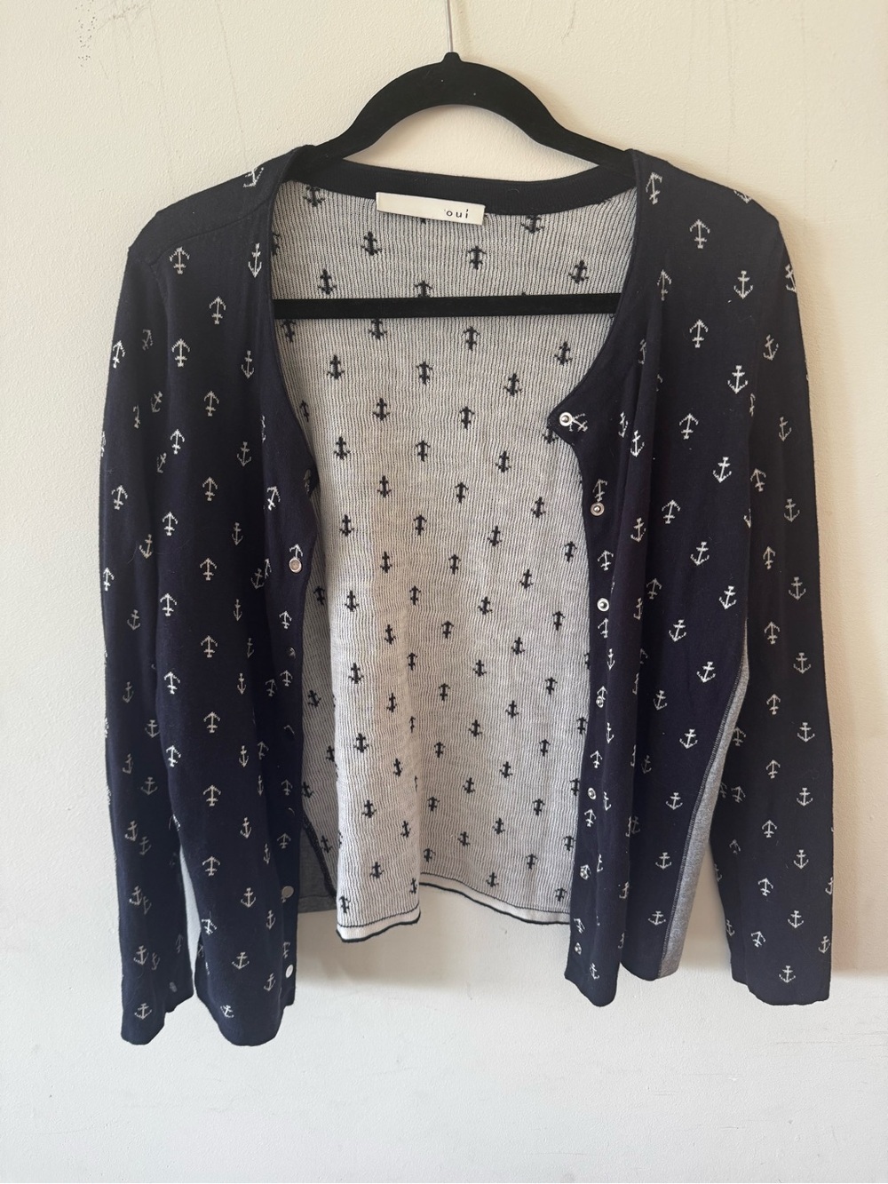 Oui Navy Anchor Print Cardigan